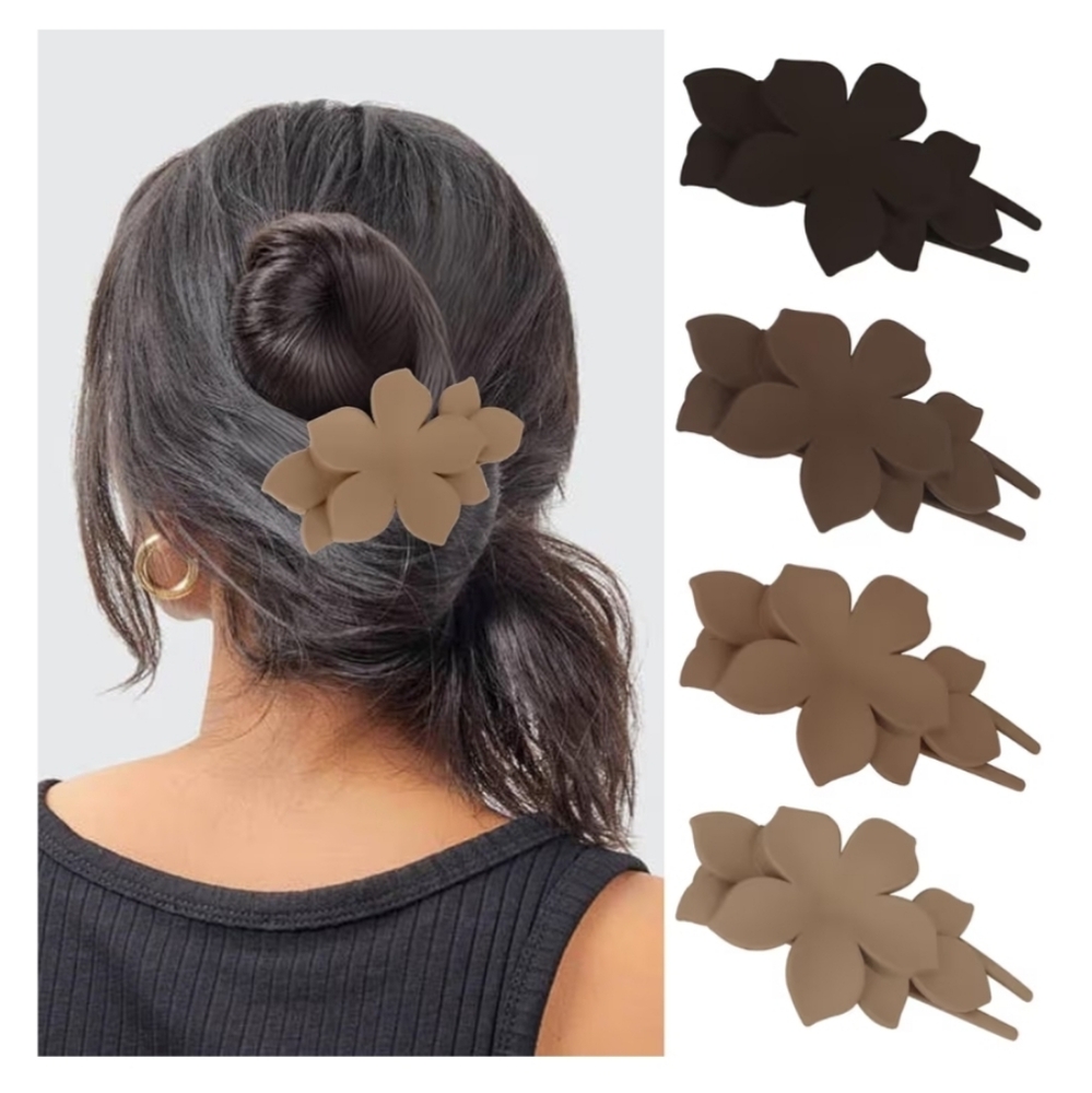 Flat Floral Hair Clip Set - Brown Shades